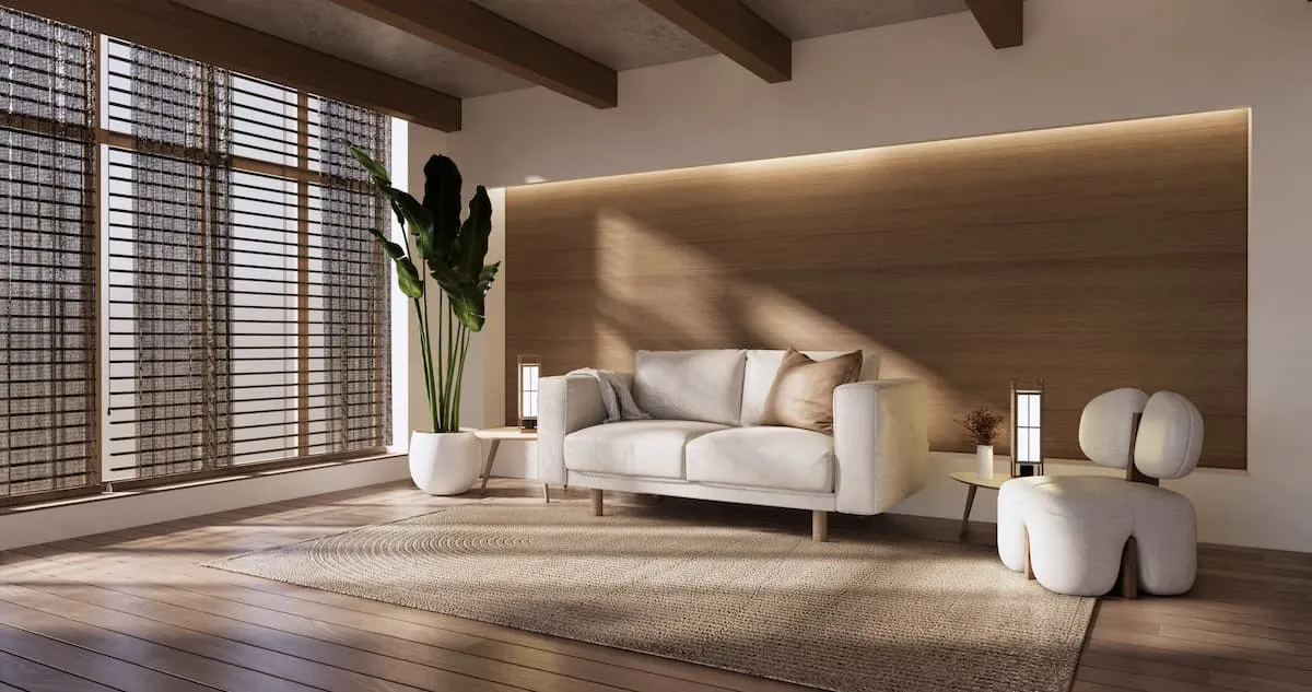 Roślinność w salonie japandi