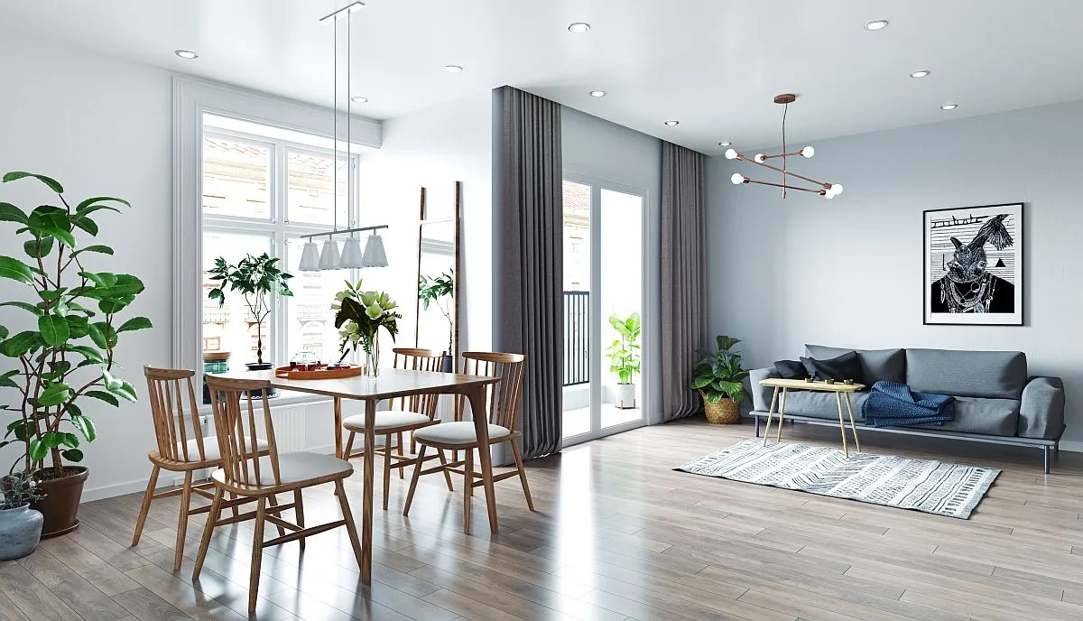 Jasny salon z jadalnią