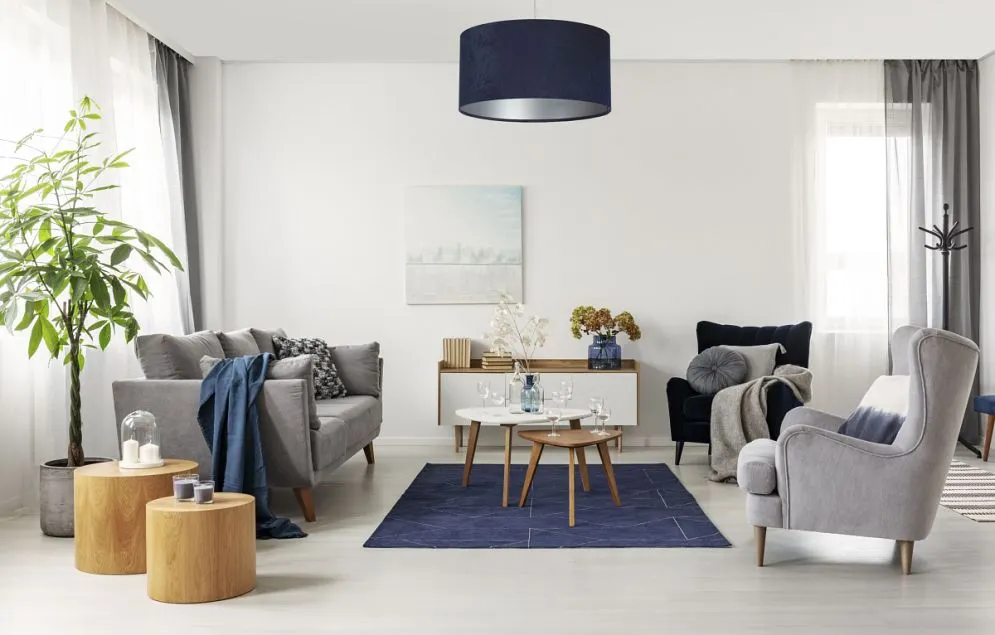 Lampa wisząca HOME 50 granatowa/srebrna ręcznie robiona w kształcie walca | MIRAT.