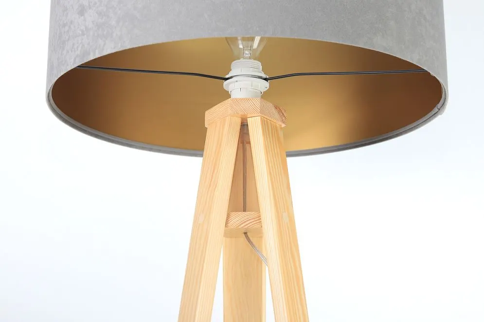 Lampa stojąca HOME 50 szara/złota/sosna na trójnogu | MIRAT.