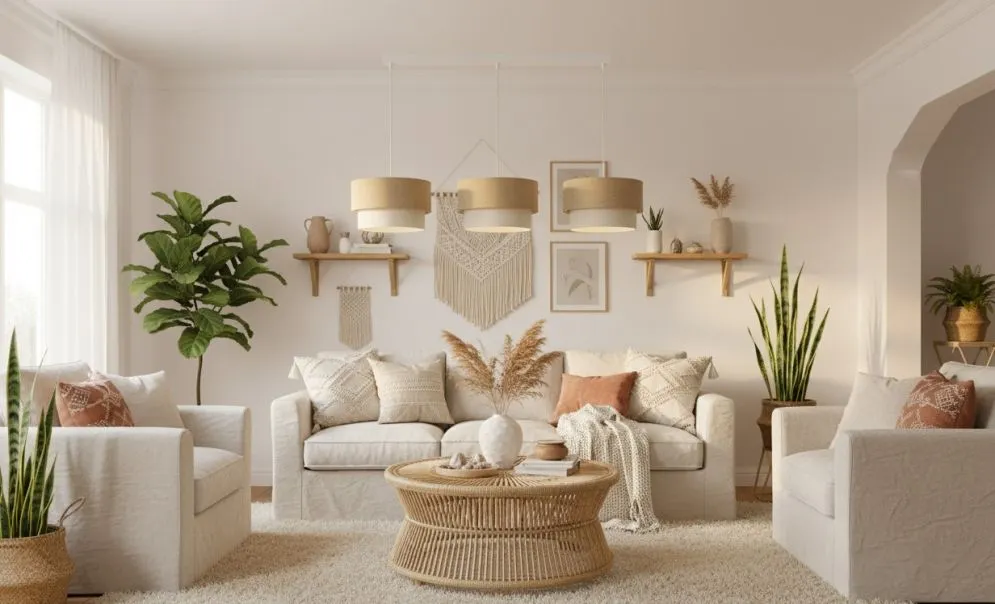 Lampa wisząca na listwie BOHO-CHIC JUTA L3 beżowa/kremowa walec I sklep meblowy MIRAT.