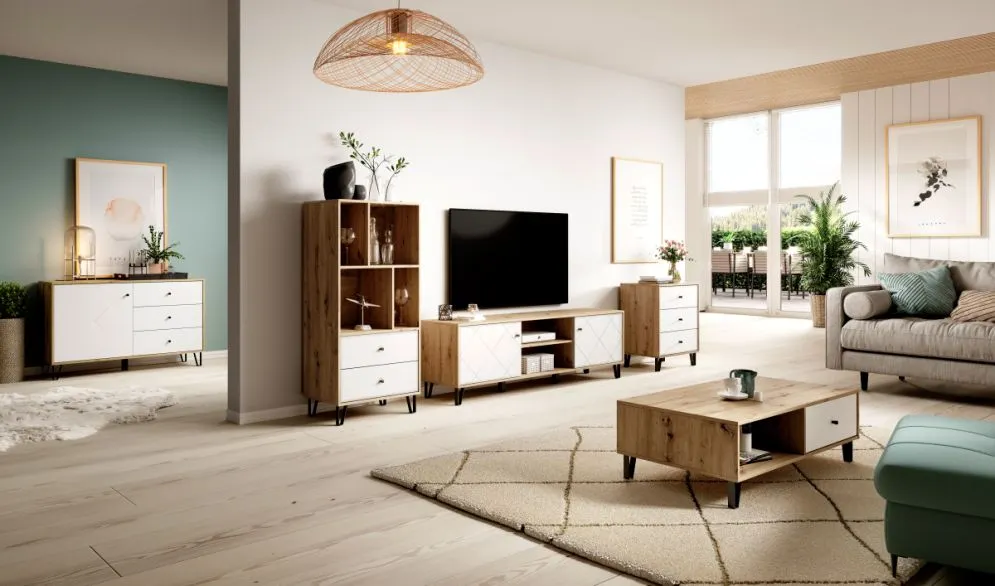 Komoda BILBAO 1D/3S dąb artisan/biały mat w stylu skandynawskim | sklep MIRAT styl RYFLOWANY, SKANDYNAWSKI