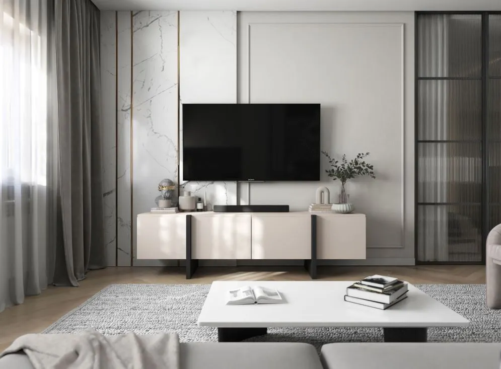 Szafka RTV GRANT 180cm kaszmir mat stojąca I sklep meblowy MIRAT. styl GLAMOUR, LOFT