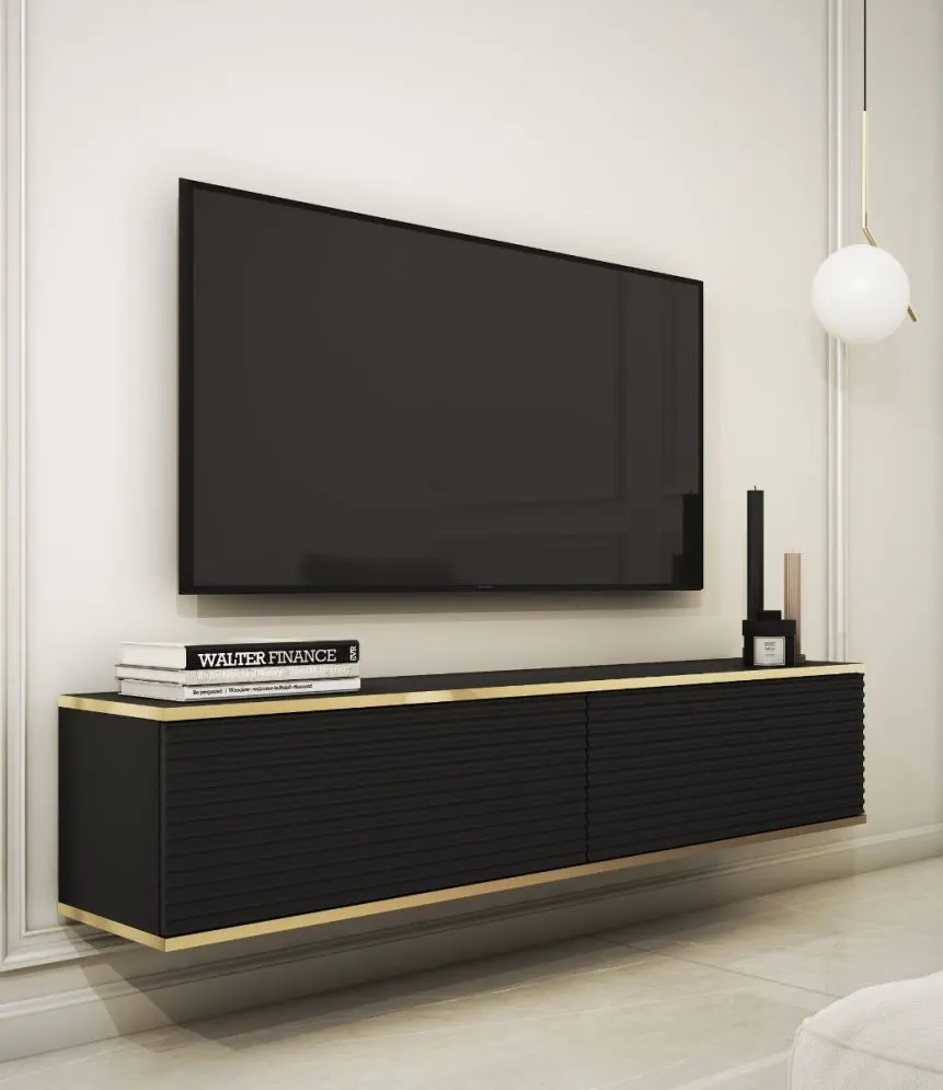 Szafka RTV KARL 3D 135cm wisząca/stojąca czarny mat ryflowana I sklep meblowy MIRAT. styl GLAMOUR, LOFT