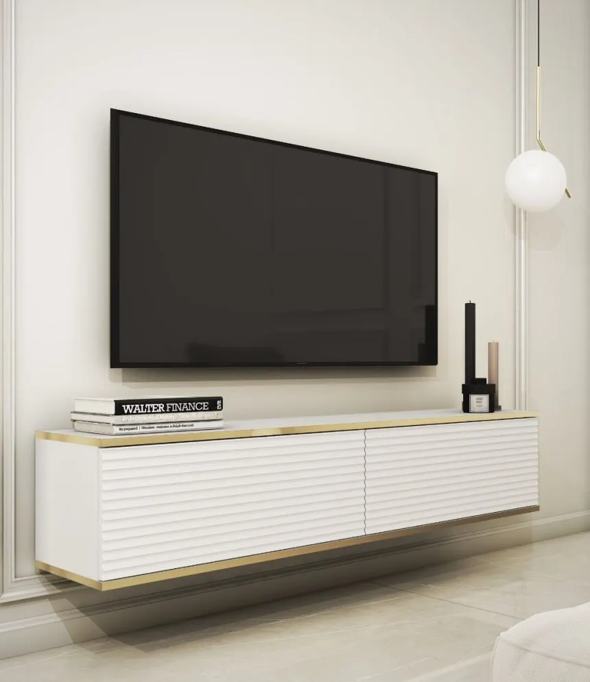 Szafka RTV KARL 3D 135cm wisząca/stojąca biały mat  I sklep meblowy MIRAT. styl GLAMOUR, RYFLOWANY