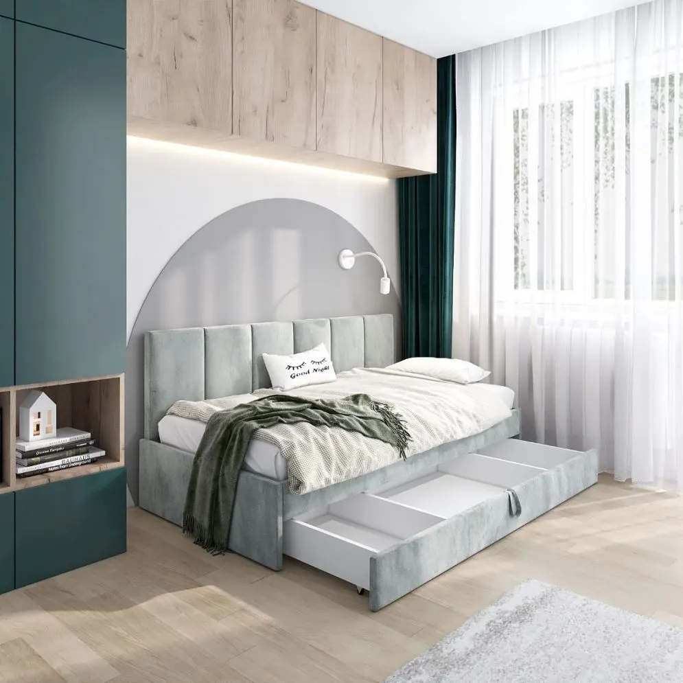 Łóżko młodzieżowe SORA 2 90x200 jasne szare z tapicerowanym panelem i szufladą I sklep meblowy MIRAT.