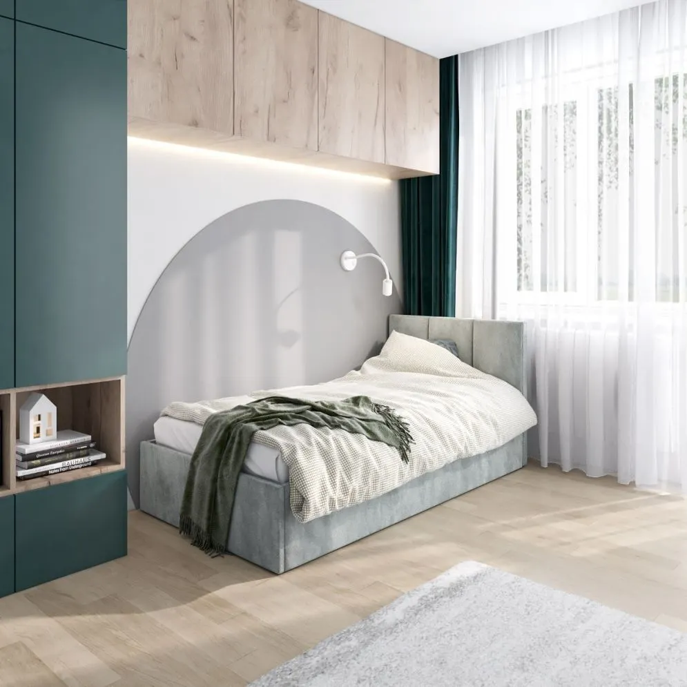 Łóżko młodzieżowe VIVO 120x200 jasne szare z tapicerowanym panelem i pojemnikiem na pościel I sklep meblowy MIRAT.