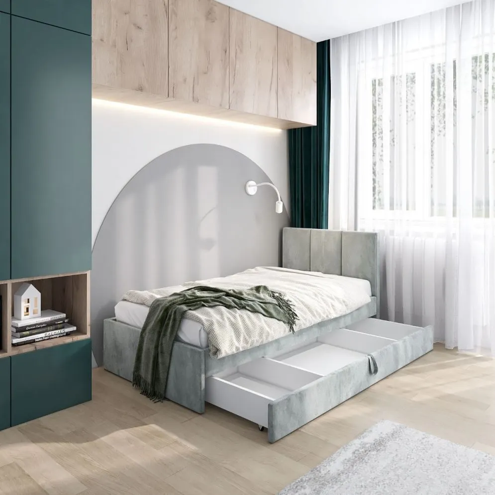 Łóżko młodzieżowe VIVO 2 90x200 jasne szare z tapicerowanym panelem i szufladą I sklep meblowy MIRAT.