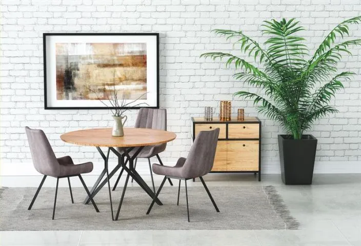 Aranżacja nowoczesnego stołu dąb złoty na czarnych nogach metalowych Pixel2 Halmar