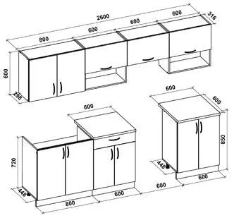 Wymiary mebli kuchennych VIOLA 260