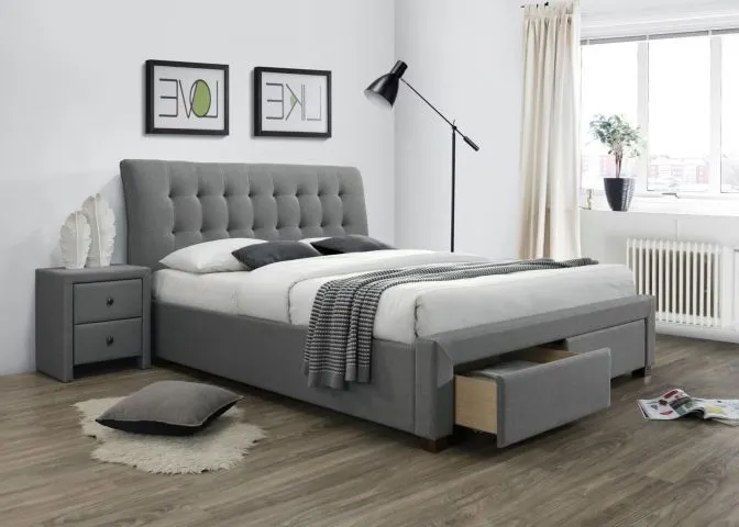 Szare łóżko podwójne tapicerowane tkaniną PERCY