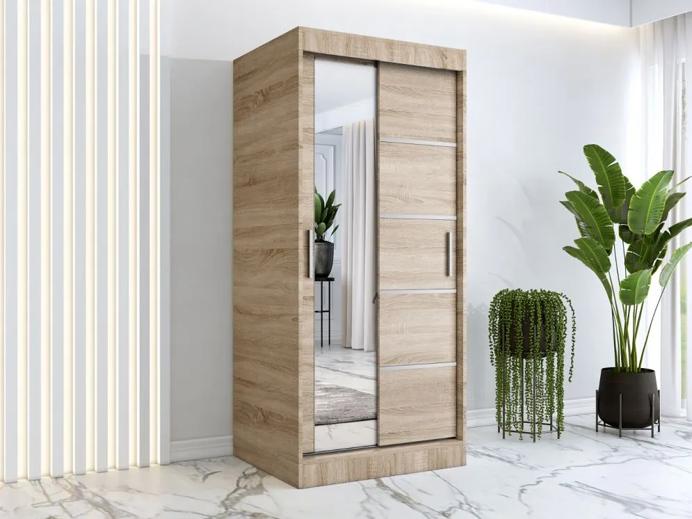 Szafa przesuwna MODUO COMFORT 3 90 dąb sonoma z listwami i z lustrem | MIRAT. w stylu  kolekcja MODUO COMFORT