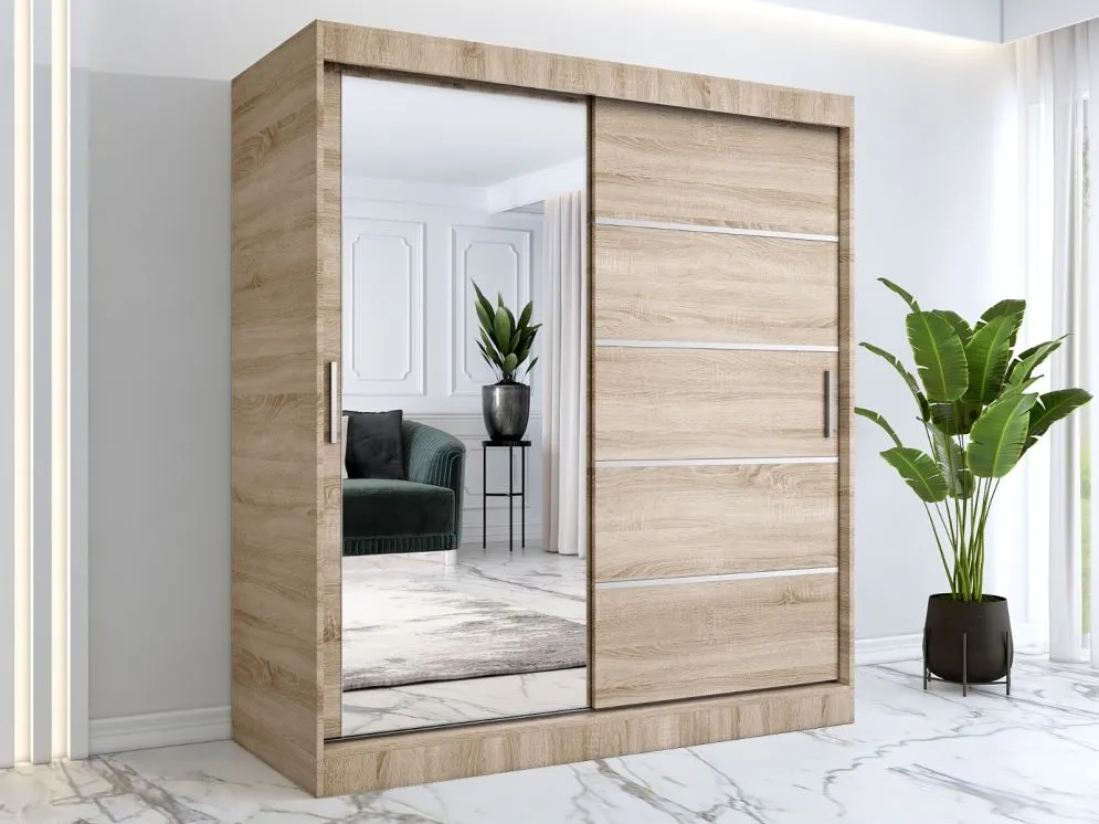 Szafa przesuwna MODUO COMFORT 3 180 dąb sonoma z listwami i z lustrem | MIRAT.  kolekcja MODUO COMFORT