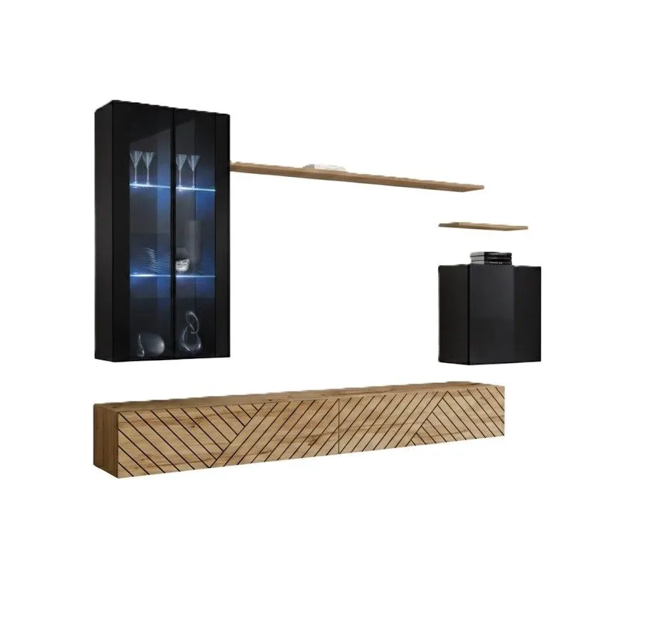 Meblościanka SWITCH LAMEL XII czarna/dąb wotan w stylu loftowym I sklep meblowy MIRAT. styl RYFLOWANY kolekcja SWITCH LAMEL