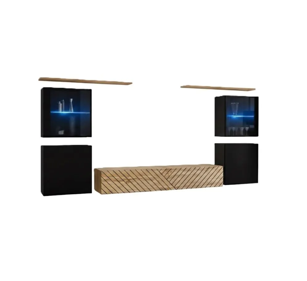 Meblościanka SWITCH LAMEL XIV czarna/dąb wotan loftowa I sklep meblowy MIRAT. styl RYFLOWANY kolekcja SWITCH LAMEL