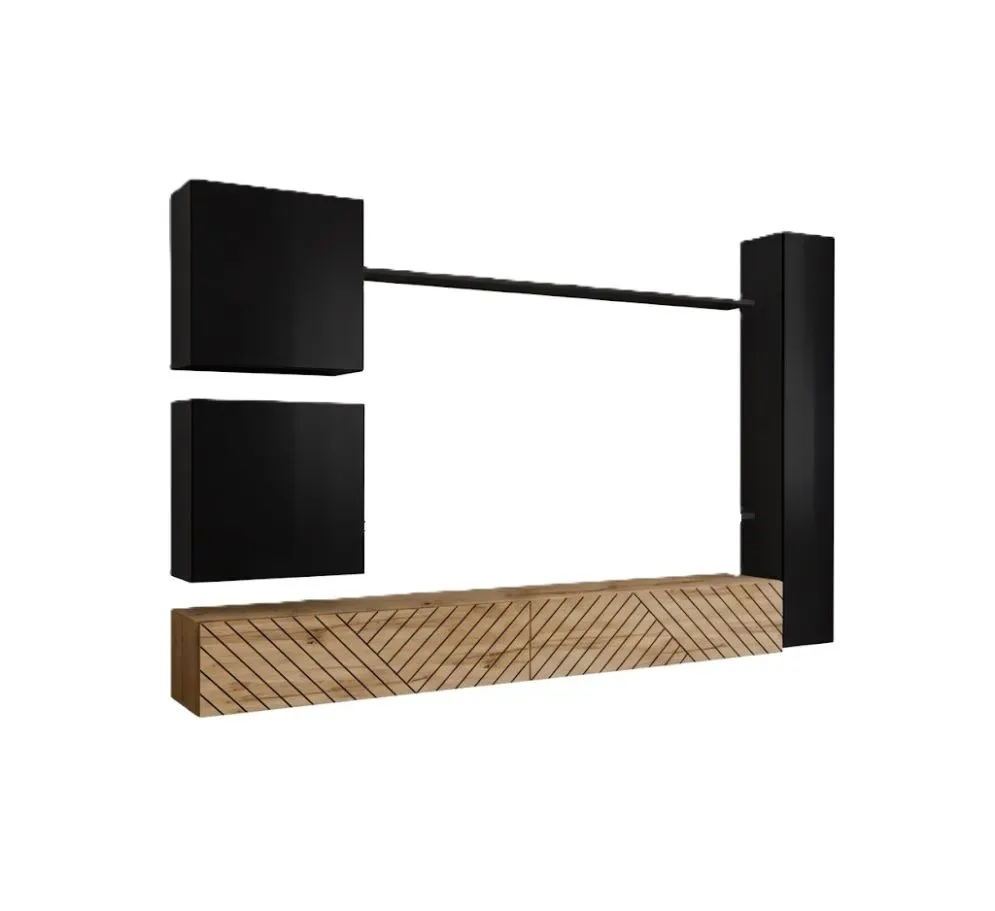 Meblościanka SWITCH LAMEL VIII czarna/dąb wotan drewniana I sklep meblowy MIRAT. styl RYFLOWANY kolekcja SWITCH LAMEL