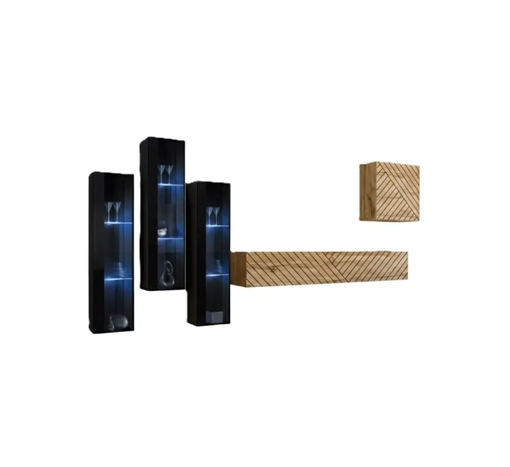 Meblościanka SWITCH LAMEL XIII czarna/dąb wotan ryflowane fronty I sklep meblowy MIRAT. styl RYFLOWANY kolekcja SWITCH LAMEL