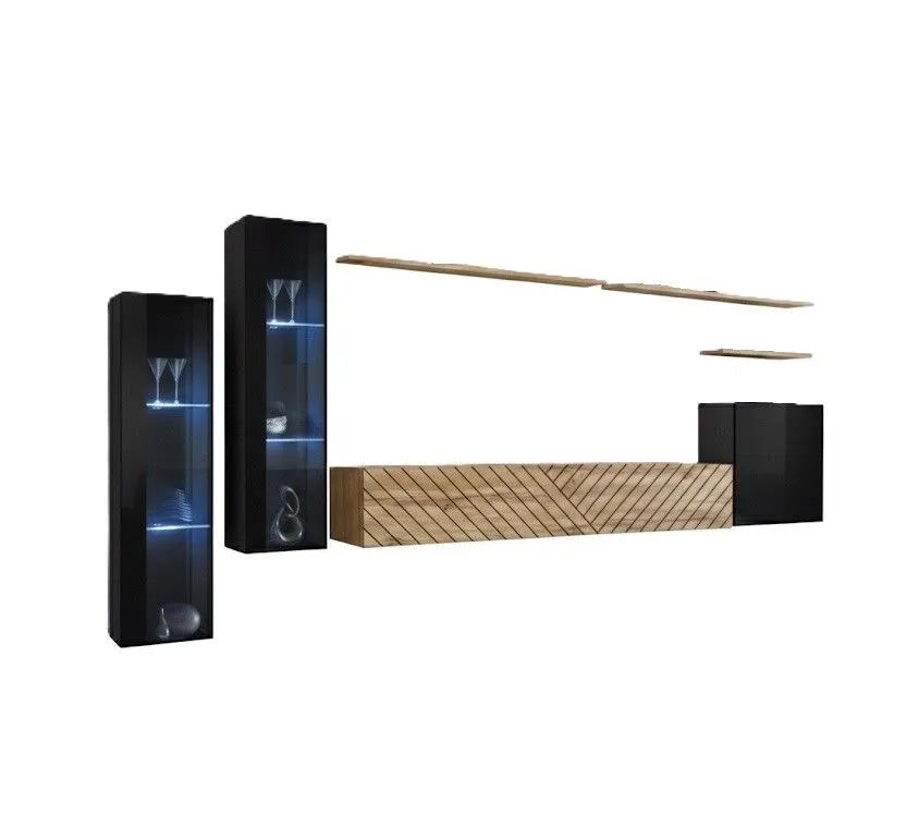 Meblościanka SWITCH LAMEL XI czarna/dąb wotan z ryflowanymi frontami I sklep meblowy MIRAT. styl LOFT, RYFLOWANY kolekcja SWITCH LAMEL