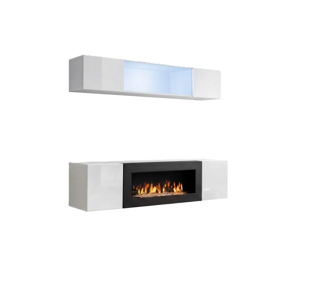 Meblościanka FLY N3 biały połysk/biały mat z biokominkiem wisząca | MIRAT.