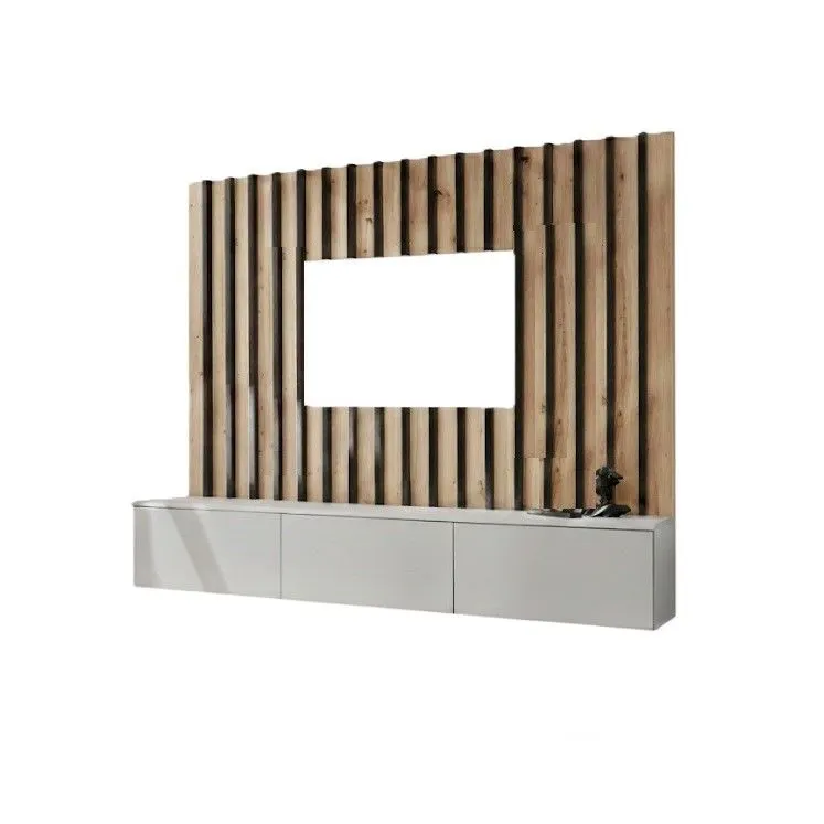 Szafka RTV VERTI perla gray + panel ścienny z lamelami I sklep meblowy MIRAT.  kolekcja VERTI