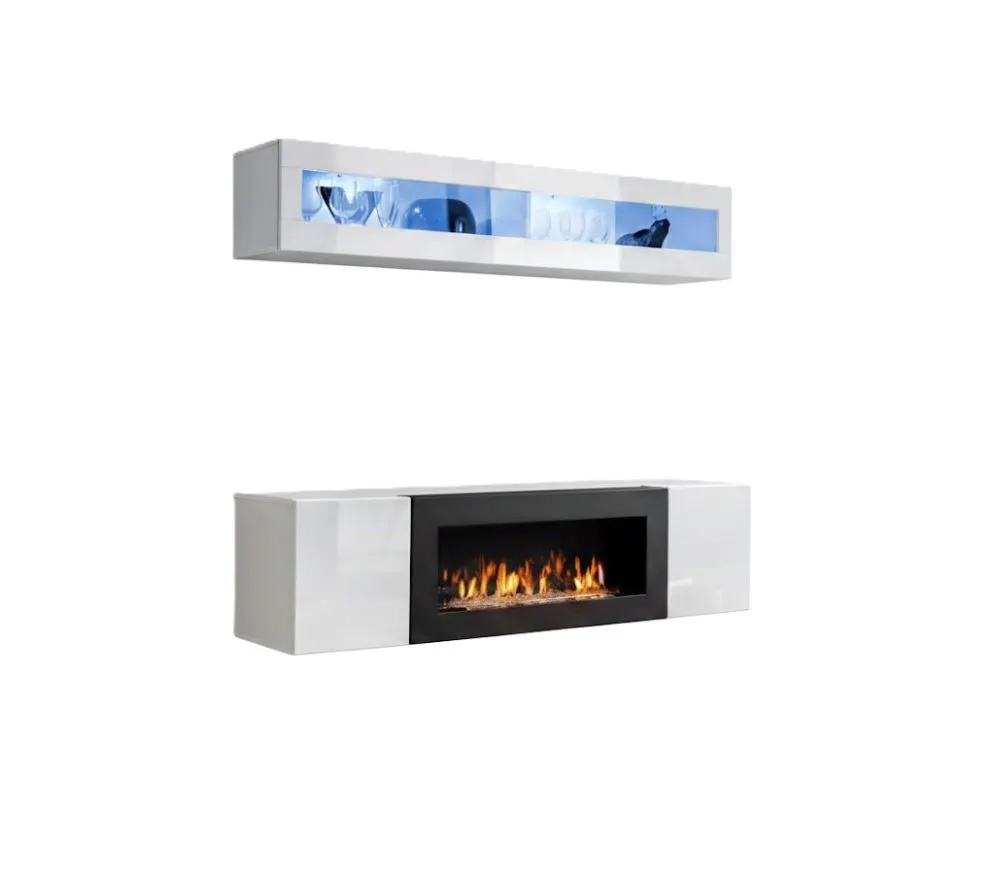 Meblościanka FLY N2 biały połysk/biały mat z biokominkiem nowoczesna | MIRAT.