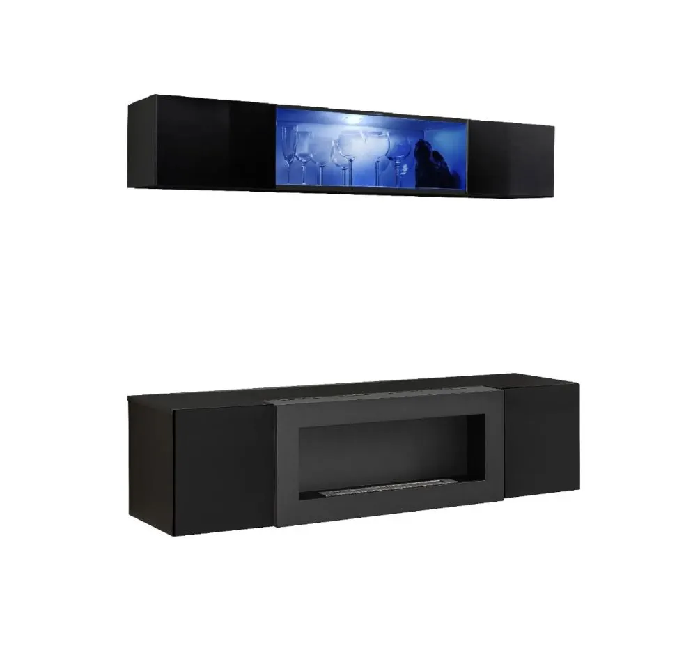 Meblościanka FLY N3 czarny połysk/czarny mat z biokominkiem bezuchwytowa | MIRAT.