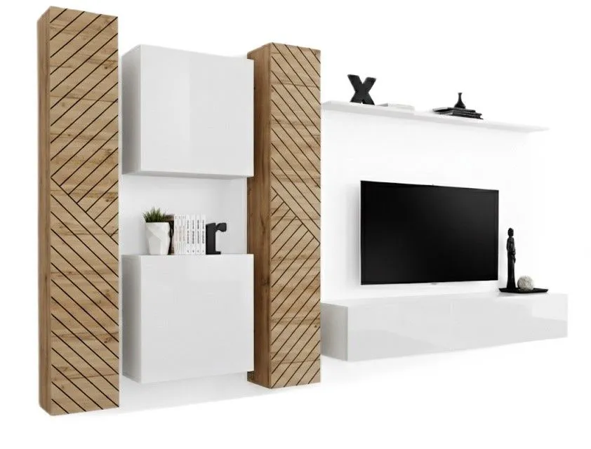 Meblościanka SWITCH LAMEL VI biała/dąb wotan ryflowane fronty I sklep meblowy MIRAT. styl RYFLOWANY kolekcja SWITCH LAMEL