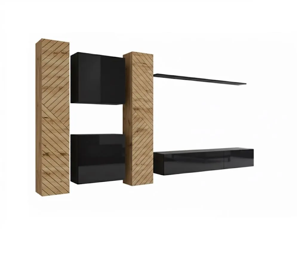 Meblościanka SWITCH LAMEL VI czarna/dąb wotan ryflowane fronty I sklep meblowy MIRAT. styl RYFLOWANY kolekcja SWITCH LAMEL