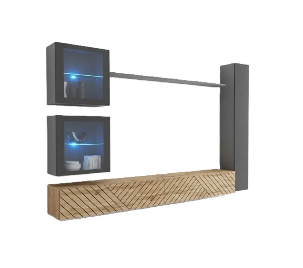 Meblościanka SWITCH LAMEL XVIII szara/dąb z oświetleniem LED wotan I sklep meblowy MIRAT. styl RYFLOWANY kolekcja SWITCH LAMEL