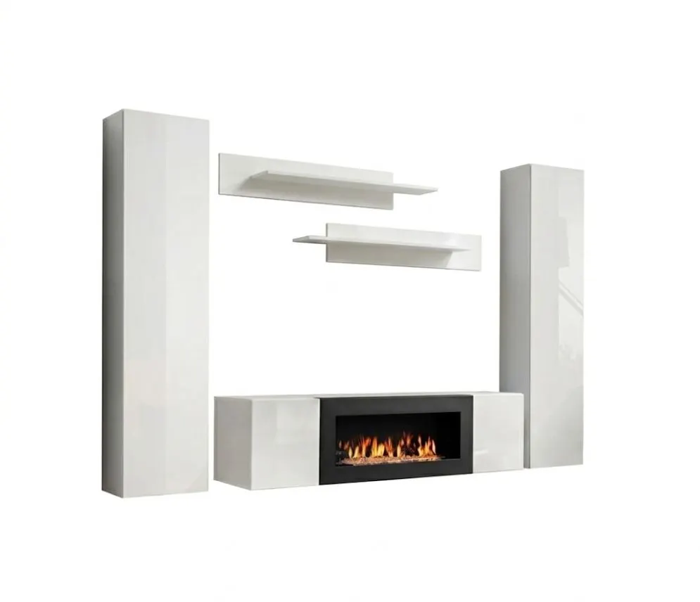 Meblościanka FLY M1 biały połysk/biały mat z biokominkiem wisząca | MIRAT.