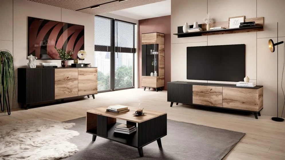 Szafka RTV RANDOM 1 dąb/czarna stojąca w stylu loft | MIRAT. w stylu LOFT kolekcja RANDOM