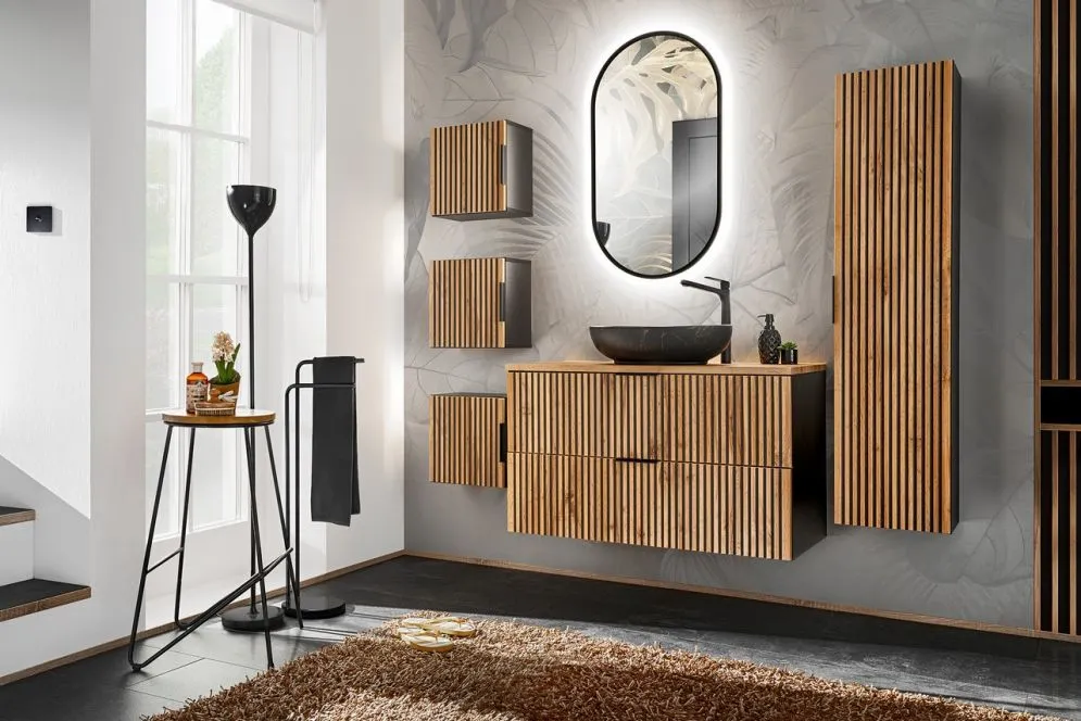 Szafka pod umywalkę nablatową XILO BLACK WOTAN 82 100cm czarna/dąb - powystawowa I sklep meblowy MIRAT. styl LOFT, RYFLOWANY