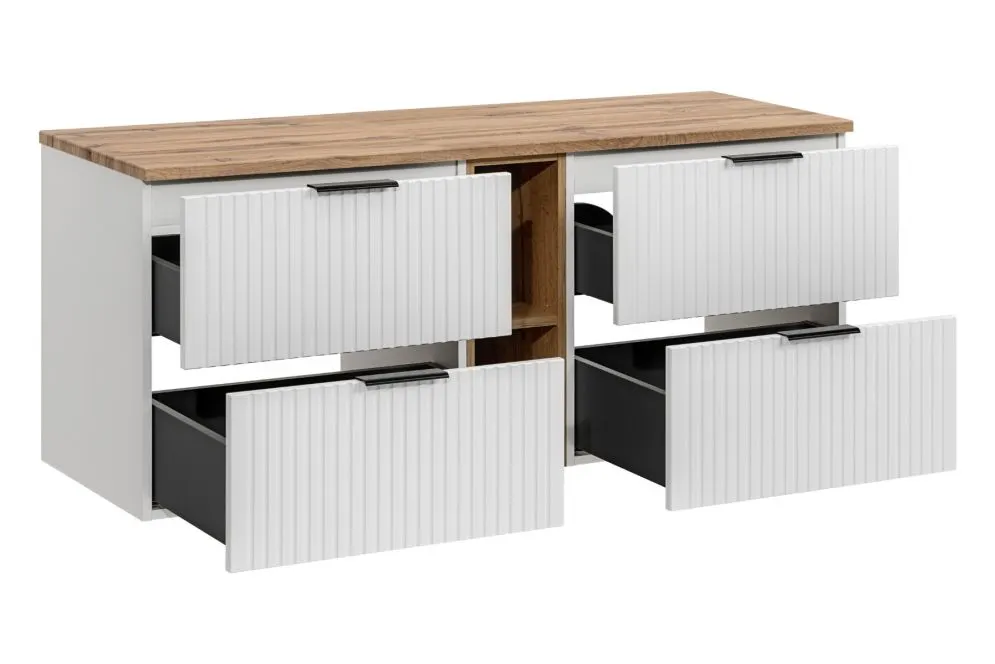 Wisząca szafka pod umywalkę nablatową ADEL WHITE 82 60cmx2 biała - zestaw 140 cm z regałem i blatem I sklep meblowy MIRAT. styl RYFLOWANY, SKANDYNAWSKI