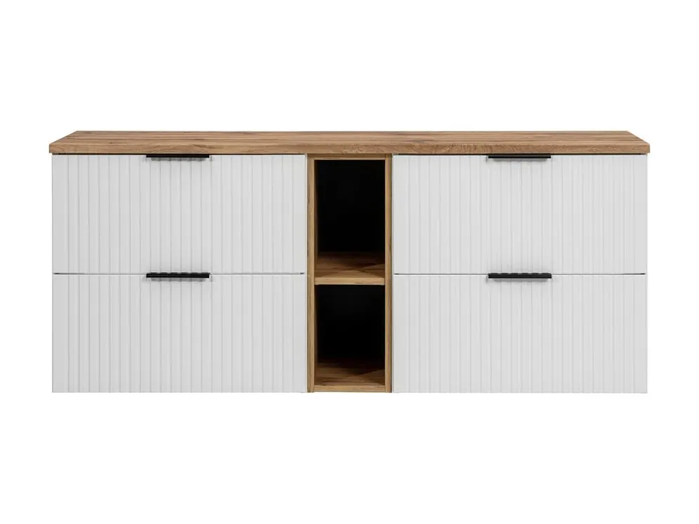 Wisząca szafka pod umywalkę nablatową ADEL WHITE 82 60cmx2 biała - zestaw 140 cm z regałem i blatem I sklep meblowy MIRAT. styl RYFLOWANY, SKANDYNAWSKI