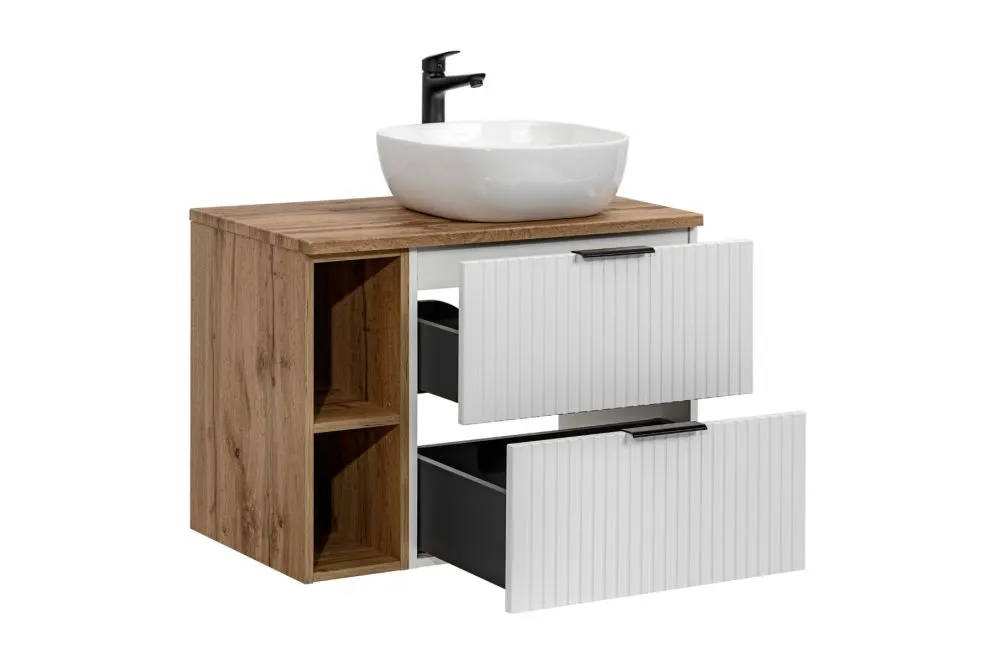 Wisząca szafka pod umywalkę nablatową ADEL WHITE 82 60cm biała- zestaw 80cm z regałem i blatem I sklep meblowy MIRAT. styl RYFLOWANY, SKANDYNAWSKI