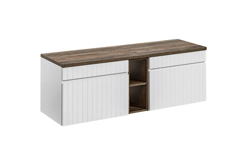 Szafka pod umywalkę ICONIC WHITE 60cm + ICONIC WHITE 60cm + SANTA FE OAK 81-01-A ryflowane fronty zestaw z blatem I sklep meblowy MIRAT. styl RYFLOWANY