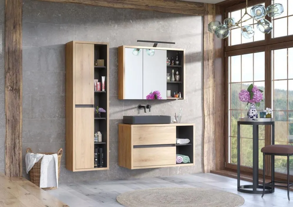 Szafka łazienkowa DEVON 846 100 cm dąb/grafit z lustrem wisząca | MIRAT.