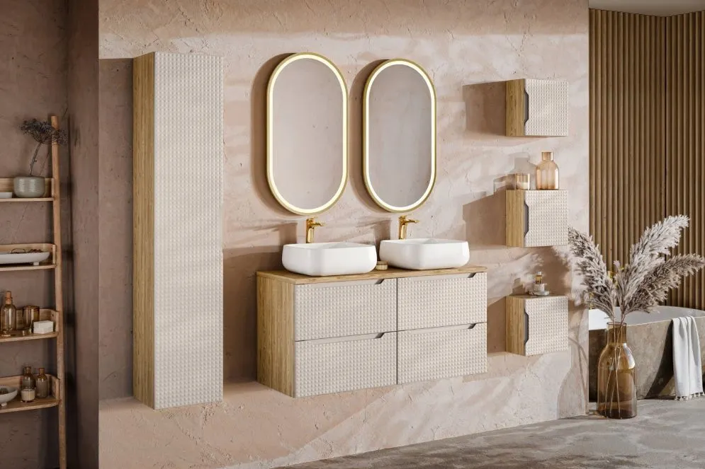 Szafka łazienkowa LUXOR BEIGE 80-01-1D 35cm dąb olejowany/beżowa fronty 3D I sklep meblowy MIRAT. styl GLAMOUR kolekcja LUXOR