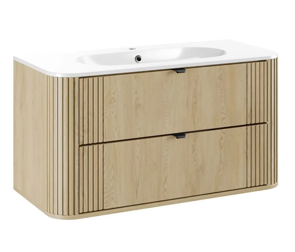 Szafka pod umywalkę OVALIA CREMONA 2S 100cm dąb cremona z umywalką wpuszczaną PURE I sklep meblowy MIRAT. styl RYFLOWANY, SKANDYNAWSKI kolekcja OVALIA