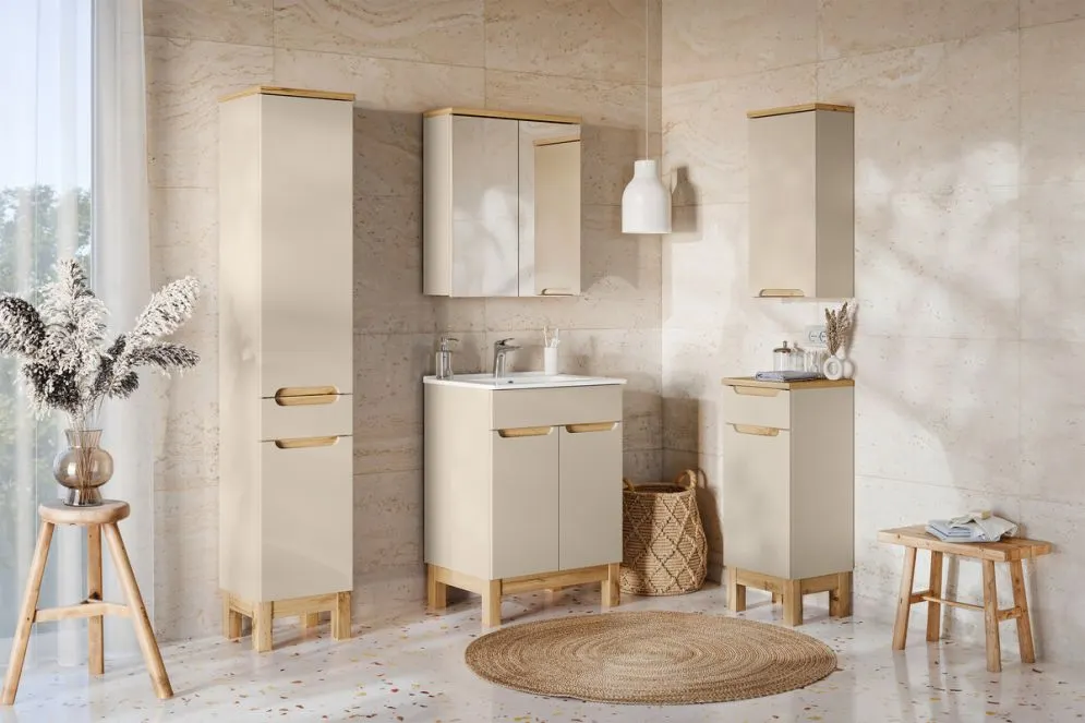 Dwudrzwiowa szafka łazienkowa BALI 60 cm kaszmirowy mat z lustrem I sklep meblowy MIRAT. styl SKANDYNAWSKI kolekcja BALI