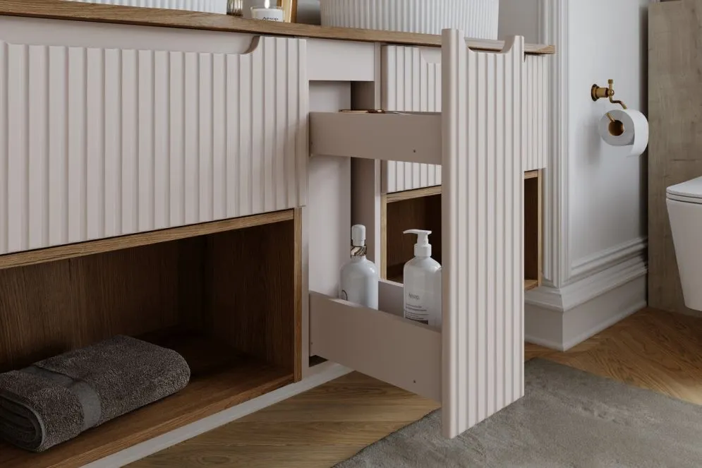 Szafka pod umywalkę nablatową NOVA CASHMERE 80cm kaszmirowa - zestaw 100cm z blatem i CARGO I sklep meblowy MIRAT. styl RYFLOWANY kolekcja NOVA