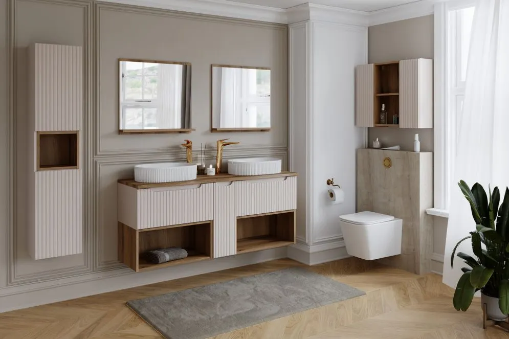 Szafka pod umywalkę nablatową NOVA CASHMERE 60cm kaszmirowa - zestaw 90cm z blatem i CARGO 30cm I sklep meblowy MIRAT. styl RYFLOWANY kolekcja NOVA