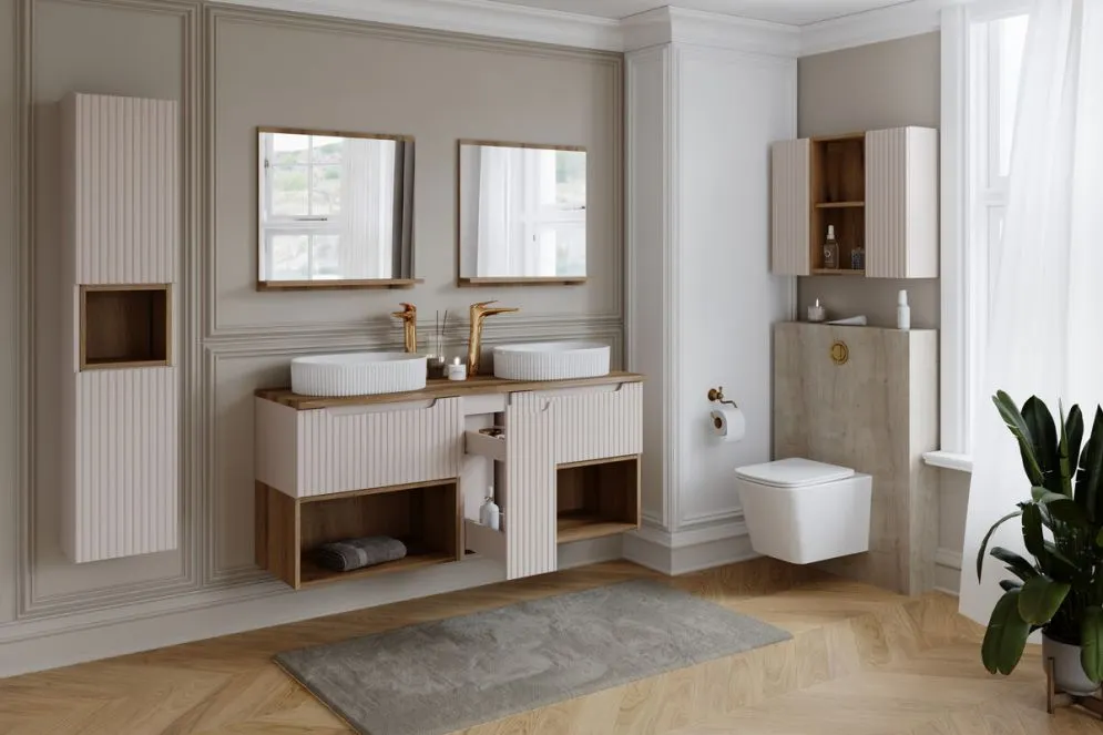 Szafka pod umywalkę nablatową NOVA CASHMERE 60cm kaszmirowa - zestaw 80cm z blatem i CARGO I sklep meblowy MIRAT. styl RYFLOWANY kolekcja NOVA