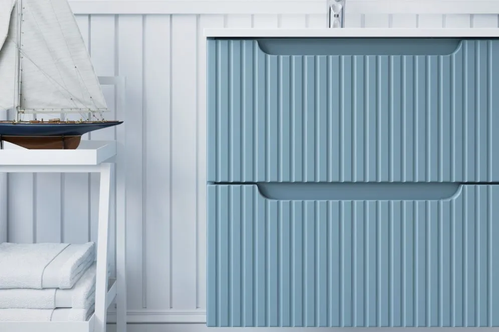 Szafka pod umywalkę nablatową NOVA DENIM 2S 60cm niebieska/biała- zestaw 100cm z koszem na pranie i blatem  I sklep meblowy MIRAT. styl RYFLOWANY kolekcja NOVA