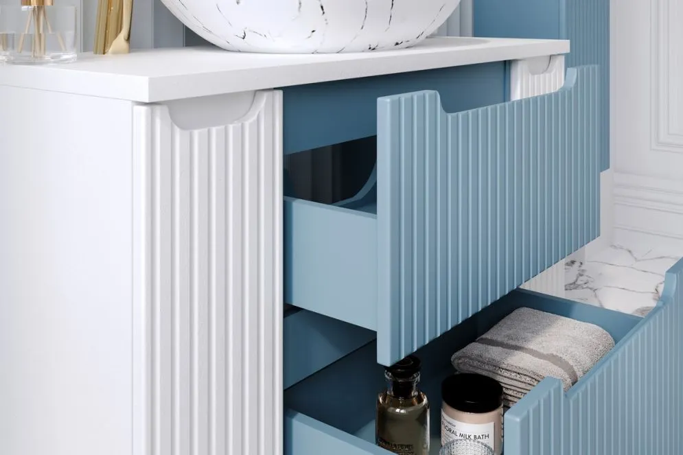 Szafka pod umywalkę NOVA DENIM 2S 60cm niebieska z szufladami ryflowanymi I sklep meblowy MIRAT. styl RYFLOWANY kolekcja NOVA