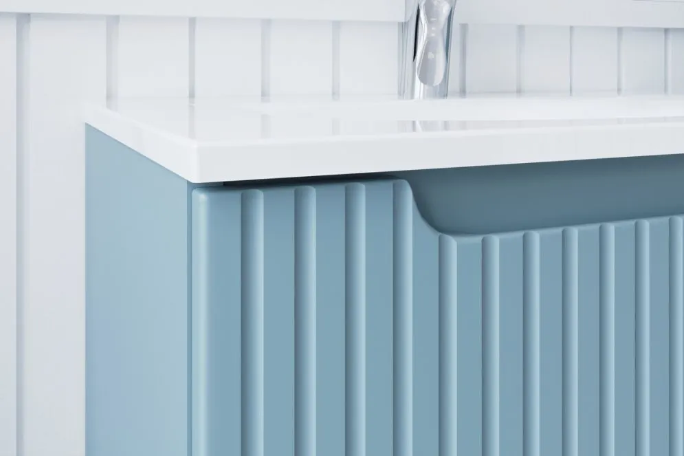 Szafka pod umywalkę nablatową NOVA DENIM 2S 60cm niebieska/biała- zestaw 100cm z koszem na pranie i blatem  I sklep meblowy MIRAT. styl RYFLOWANY kolekcja NOVA