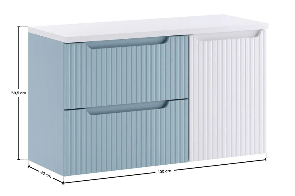 Szafka pod umywalkę nablatową NOVA DENIM 2S 60cm niebieska/biała- zestaw 100cm z koszem na pranie i blatem  I sklep meblowy MIRAT. styl RYFLOWANY kolekcja NOVA