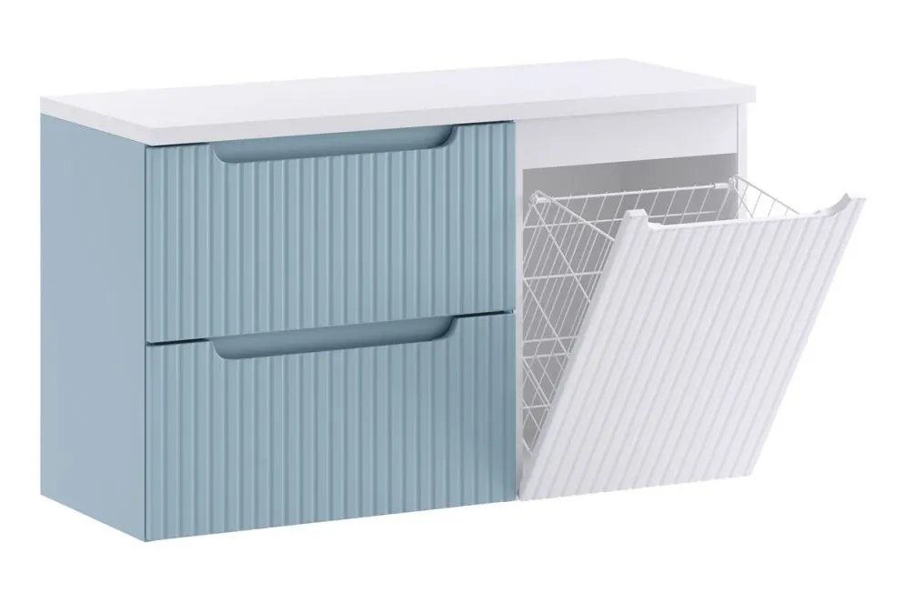 Szafka pod umywalkę nablatową NOVA DENIM 2S 60cm niebieska/biała- zestaw 100cm z koszem na pranie i blatem  I sklep meblowy MIRAT. styl RYFLOWANY kolekcja NOVA