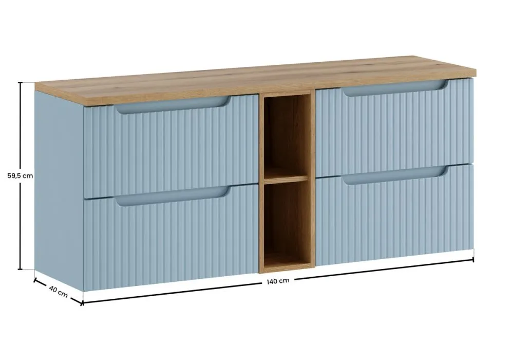 Szafka pod umywalkę nablatową NOVA DENIM 140cm niebieska/dąb - zestaw meblowy z blatem I sklep meblowy MIRAT. styl RYFLOWANY kolekcja NOVA