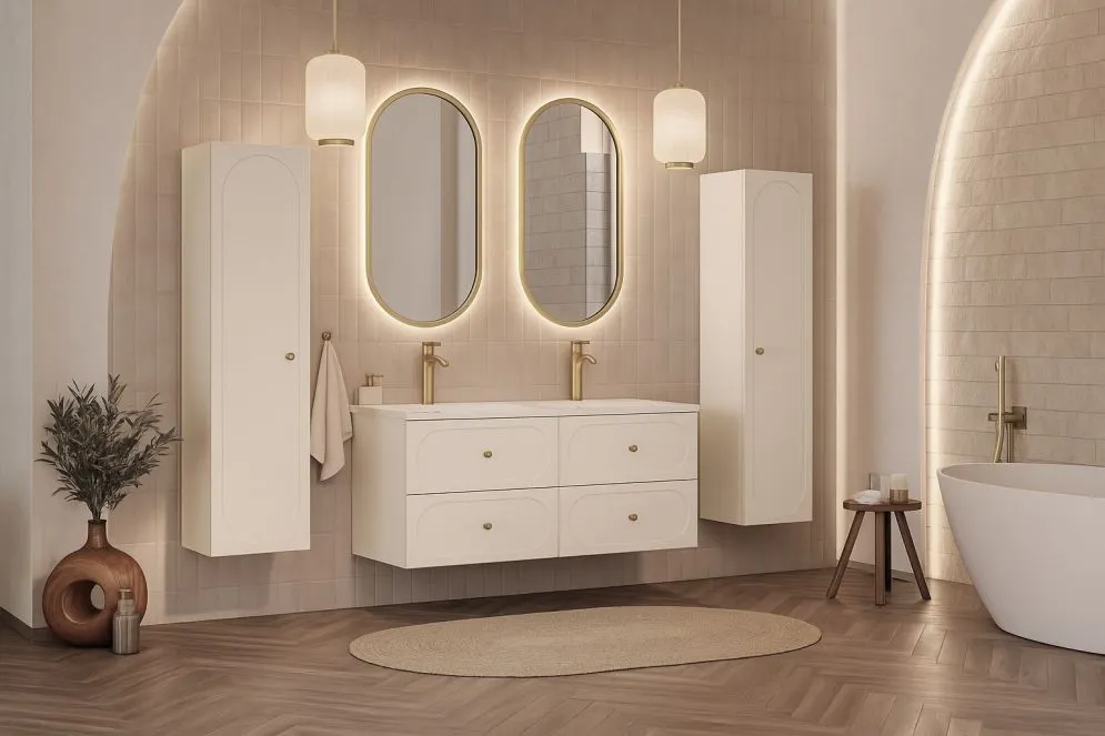 Zestaw szafek pod umywalkę DONNA SAND 120cm beż piaskowy z umywalką wpuszczaną FLY I sklep meblowy MIRAT. styl SKANDYNAWSKI kolekcja DONNA